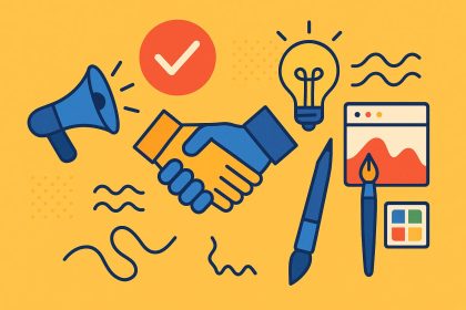 Colorful illustrations connecting various brand logos with creative design elements and agency icons