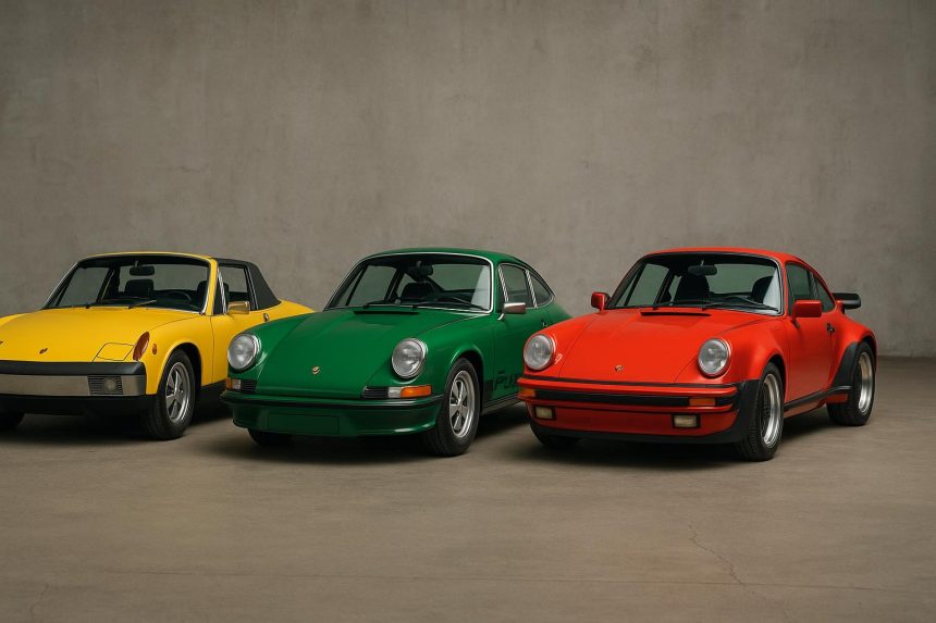 Classic 1970s Porsche models parked side by side, highlighting vintage sports car design