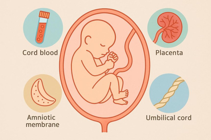 Newborn umbilical cord and placental tissues highlighting birth tissue banking options