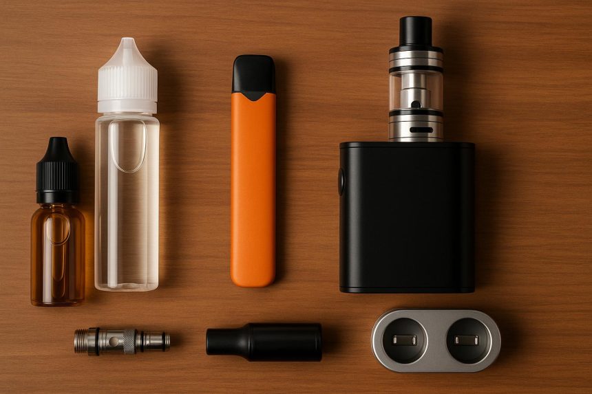 Assorted vaping devices and flavored e-liquids displayed on a table for product selection guidance