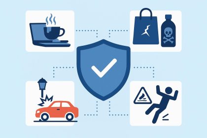 Insurance policy document with icons representing covered claims for public and product liability