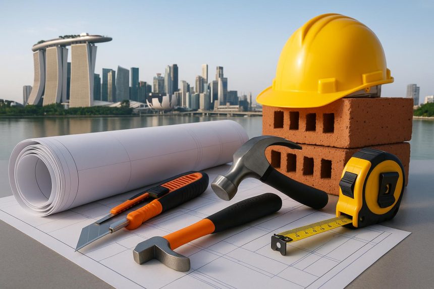 Construction site with blueprints and materials illustrating strategies to prevent renovation change orders