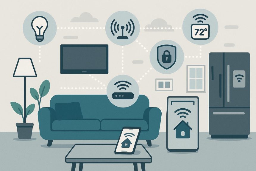 Voice assistant controlling smart lights and thermostat in a modern connected home environment