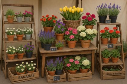 Colorful flower stall showcasing creative plant arrangements and unique floral display ideas