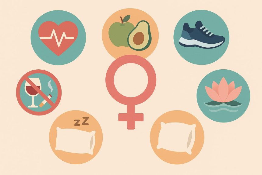 Healthy food, exercise gear, and wellness icons representing women’s long-term health choices