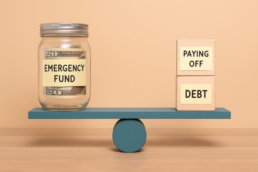 Piggy bank split between savings and debt symbols, illustrating emergency fund vs debt choice