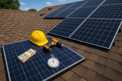 Solar panels being installed alongside new roof construction for efficient cost and time savings