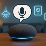 Smart speaker on living room table controls connected lights and appliances with voice commands