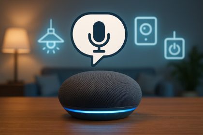 Smart speaker on living room table controls connected lights and appliances with voice commands