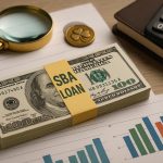 Small business owner reviewing SBA loan documents and financial charts for business acquisition