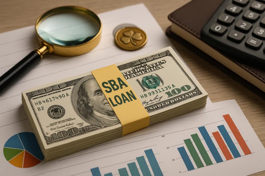 Small business owner reviewing SBA loan documents and financial charts for business acquisition