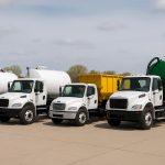 Various waste disposal trucks showcasing different tank and bed package options on display.