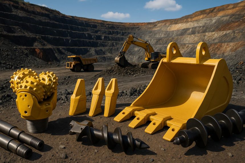Assorted mining products and drilling tools used in modern excavation equipment and operations