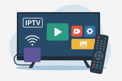 Smart TV displaying IPTV setup menu with remote control, illustrating IPTV installation steps