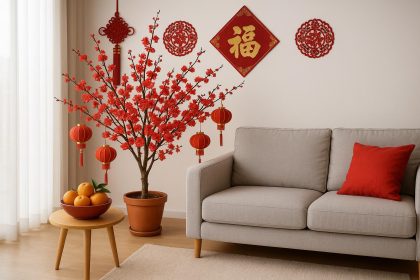 Red lanterns and gold ornaments decorating a modern condo for Chinese New Year festivities