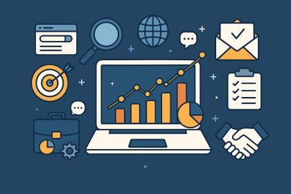 Digital marketing agency team analyzing data and strategy charts on laptops and monitors