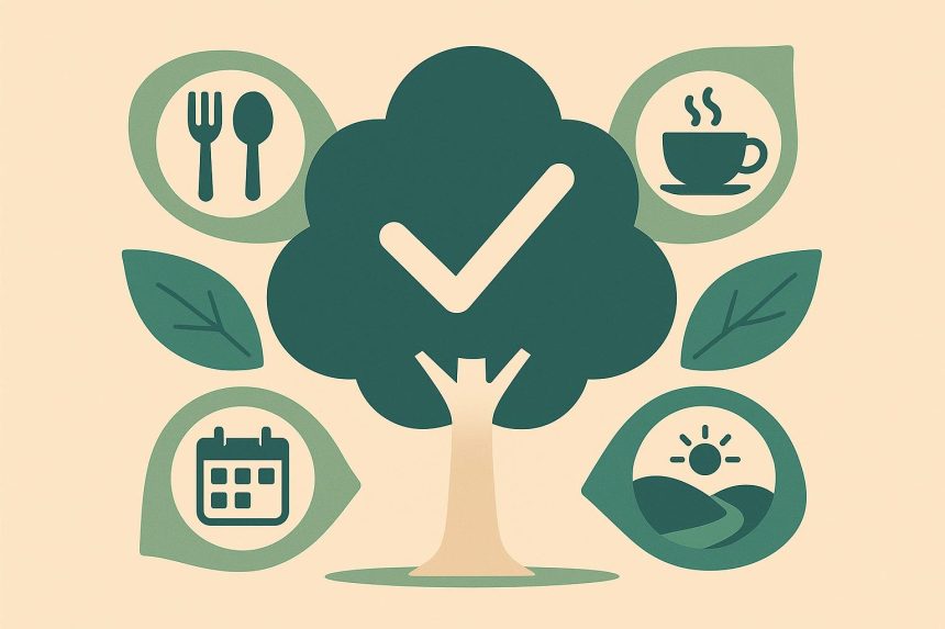 Calm morning routine with tea, journal, and plant symbolizing mindful lifestyle choices