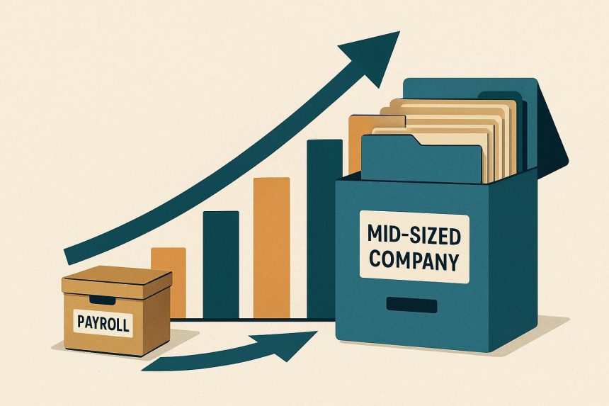Illustration of a growing mid-sized business upgrading payroll systems for improved efficiency