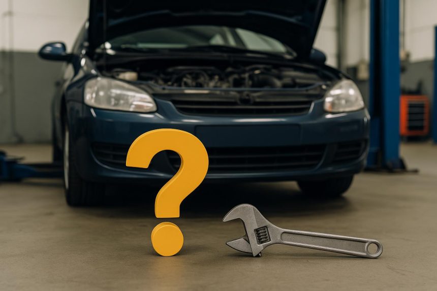 Car mechanic working on vehicle in Virginia Beach auto repair shop, tools and garage visible