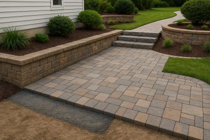 Stone patio and walkway installation showcasing expert hardscaping services for home exteriors
