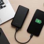 Modern power bank with smartphone and laptop, supporting mobile workforce productivity