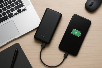 Modern power bank with smartphone and laptop, supporting mobile workforce productivity