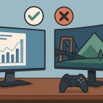 Dual-monitor desktop setup displaying work documents and a video game for multitasking efficiency