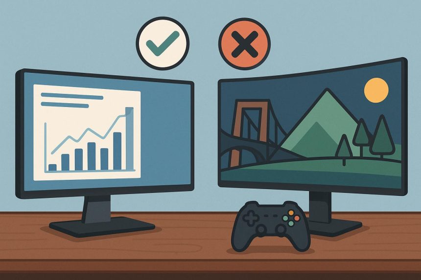 Dual-monitor desktop setup displaying work documents and a video game for multitasking efficiency