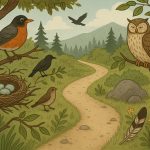 Colorful songbirds perched on branches in a lush forest, highlighting active bird habitat signs