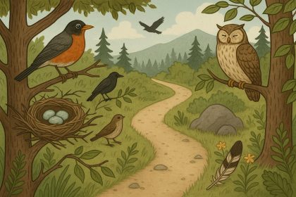 Colorful songbirds perched on branches in a lush forest, highlighting active bird habitat signs