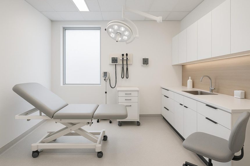 Modern medical clinic interior with advanced equipment, ergonomic layout, and clean design