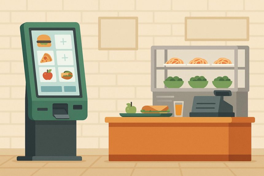 Self-service kiosks streamlining food ordering in a modern school canteen setting