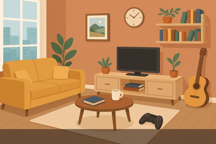 Modern condo living room with cozy seating, books, and indoor plants for at-home entertainment