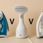 Steam iron, garment steamer, and dry iron placed side by side on a laundry table