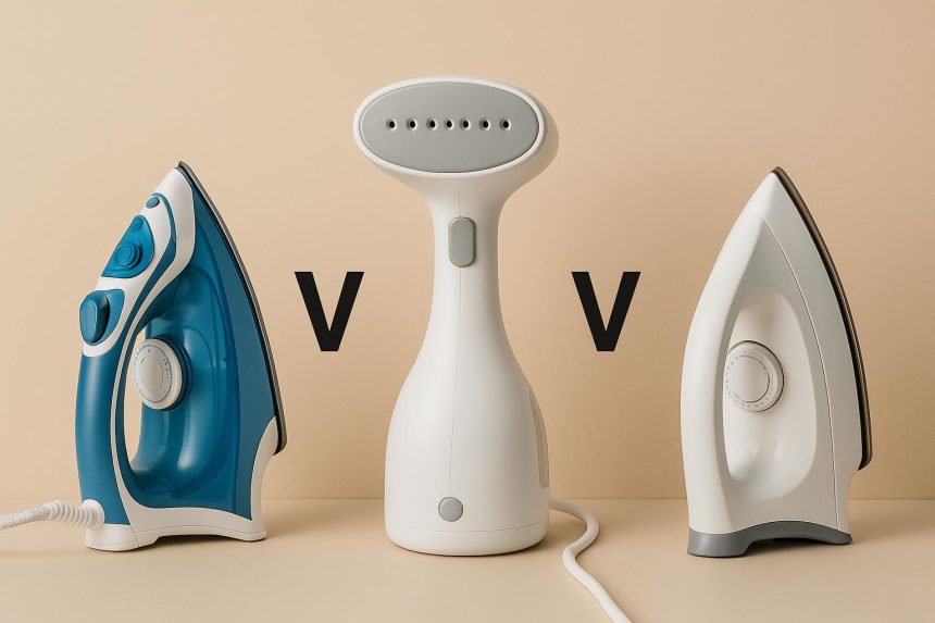 Steam iron, garment steamer, and dry iron placed side by side on a laundry table
