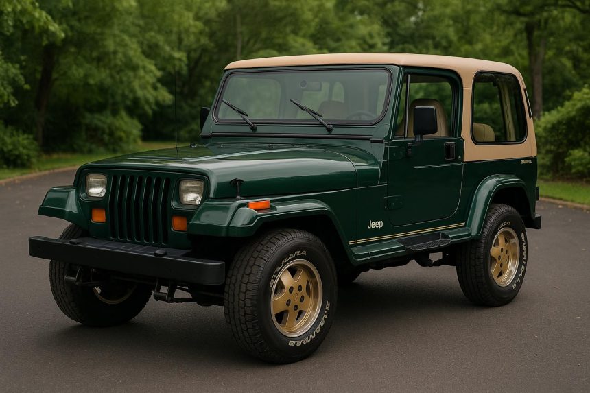 Classic green Jeep Wrangler Sahara parked outdoors, showcasing well-preserved vintage features