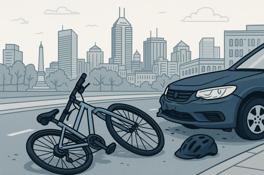 Damaged bicycle on Indianapolis street after accident with a car and police in the background