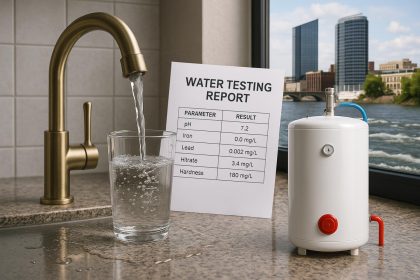 Grand Rapids water flowing into a water heater, illustrating impact of water quality on appliance