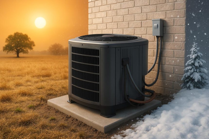 Technician servicing HVAC unit in Checotah to prepare for extreme weather conditions