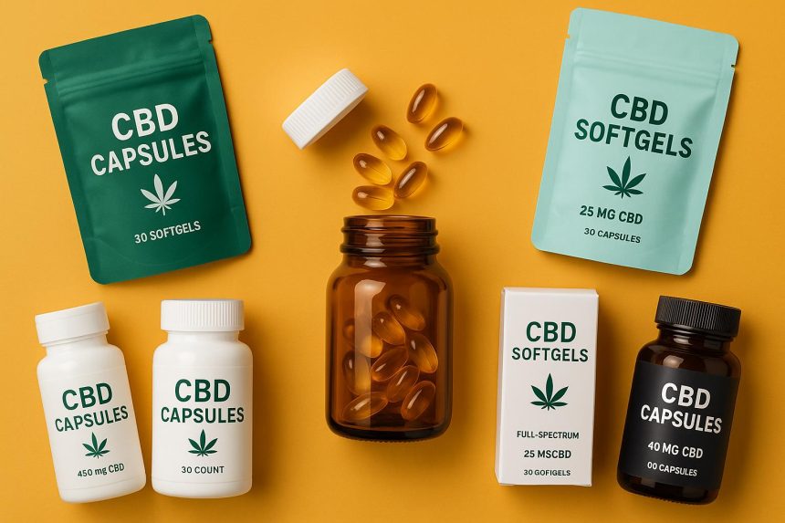Assorted CBD capsules in bottles with green leaves, representing top CBD supplements selection