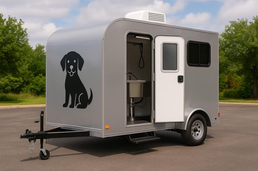 Modern mobile dog grooming trailer parked outdoors, showcasing professional pet grooming features