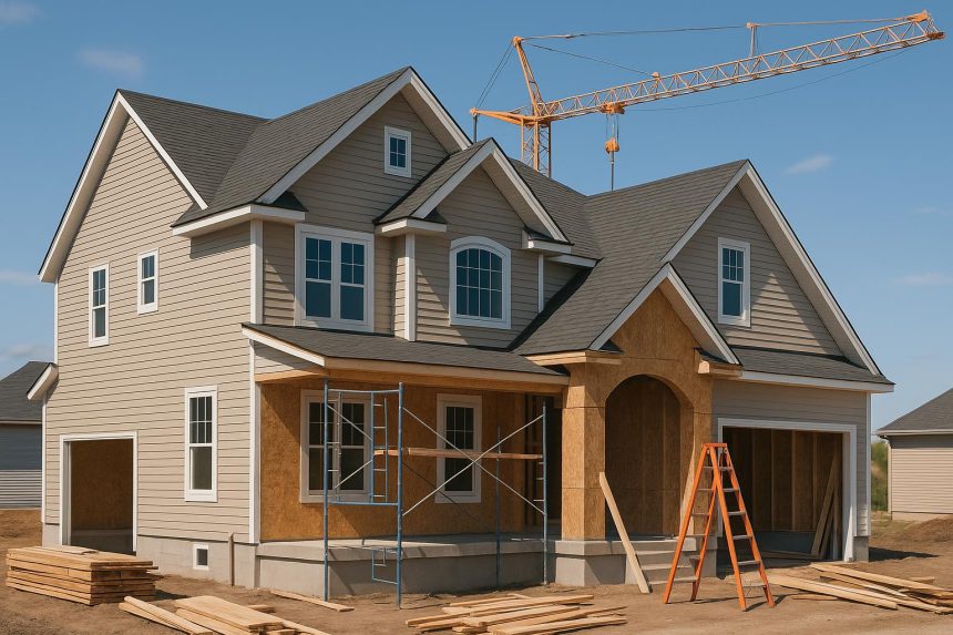 Modern home under construction with scaffolding, highlighting quality building and design decisions
