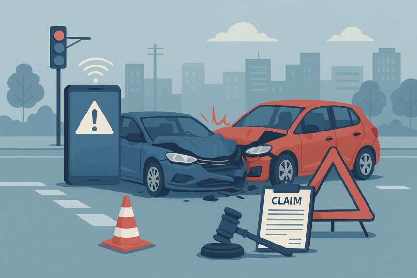 Damaged cars on roadside after accident with warning triangle and emergency lights activated