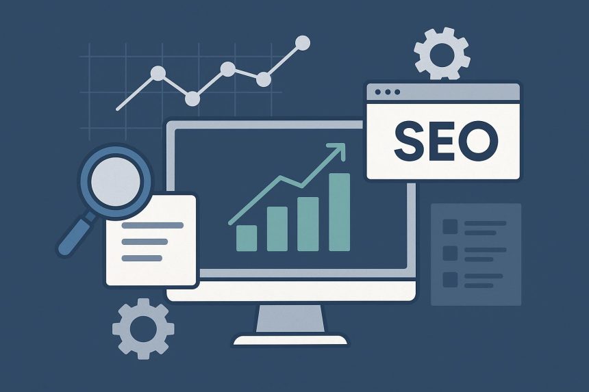 Abstract representation of technical SEO audit process with analytical charts and website elements