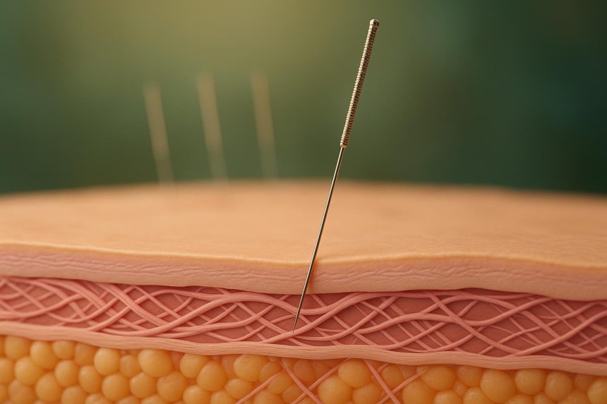 Acupuncture needles stimulating skin to boost natural collagen production and enhance complexion
