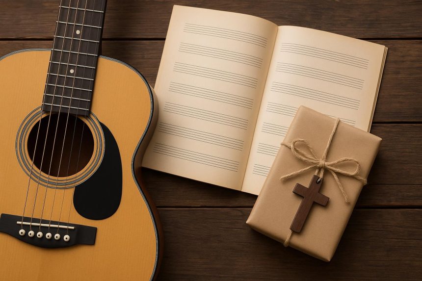 Gift-wrapped personalized faith song sheet with musical notes and a decorative cross