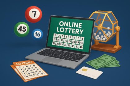 Online lottery system interface with numbered balls and digital ticket selection options