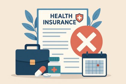 Expired health insurance documents with a declined claim notice and stethoscope on a desk