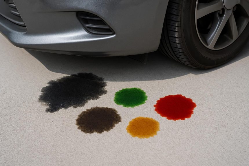 Various colored car fluids pooling under a vehicle to identify automotive leaks by fluid color