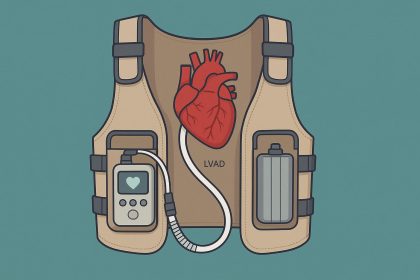 LVAD vest device showing wearable heart support technology for patients and caregivers